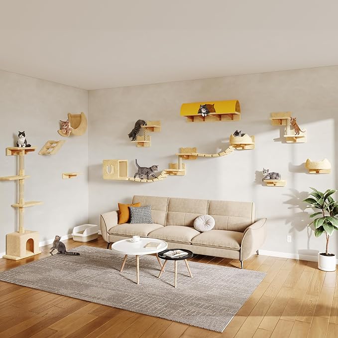 Cat Wall Shelves, Wall Mounted Pet Shelf Furniture w/Plush Fabric(20 Piece Set), 63''H Cat Tower w/Scratching Posts, Cats Furniture with 40''L Tunnel, Condos, House, Steps and Ladder, Beige