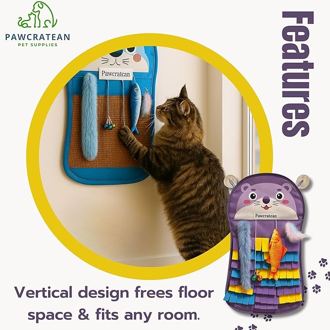 27 Inch Soft Felt Fringe Cat Wall Mat with Charms – Purple Bear Vertical Play Pad & Storage Pocket (Purple Bear)