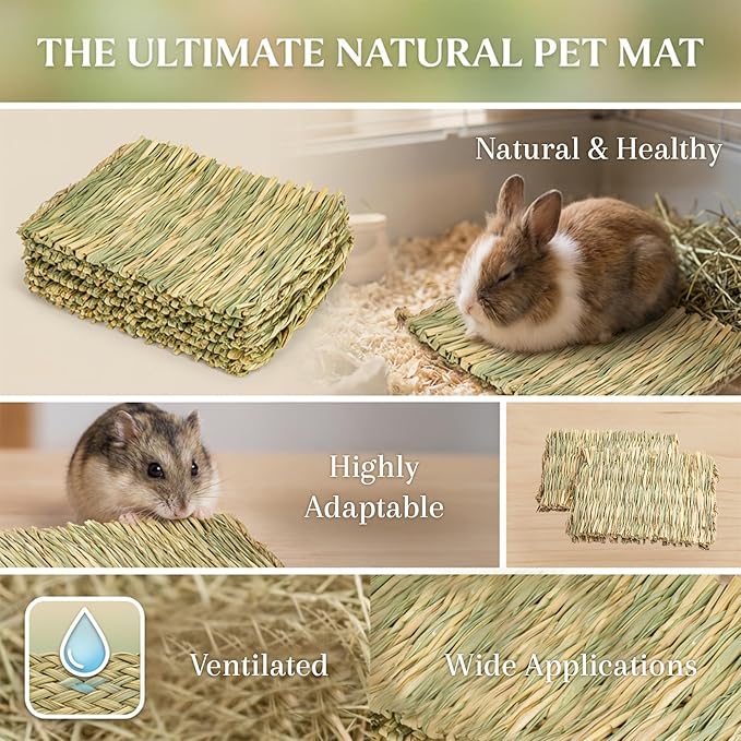 Sukh 4 PCS Rabbit Grass Mats - Natural Hay Woven Bunny Rabbit Bad Cage Mats Pet Bedding Cooling Sleeping Nesting & Toys for Hamster Bunny Chinchilla Guinea Pig Mouse Bird and Other Small Animals