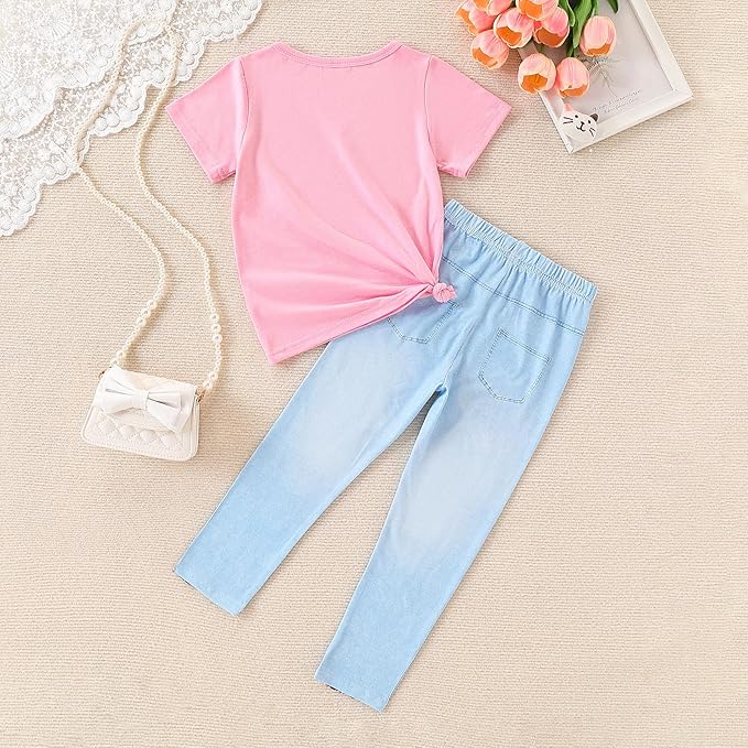 4-8T Toddler Girl Clothes Cat face print Short Sleeve Top+Pants Outfits Girl Spring and summer 2-Piece Set