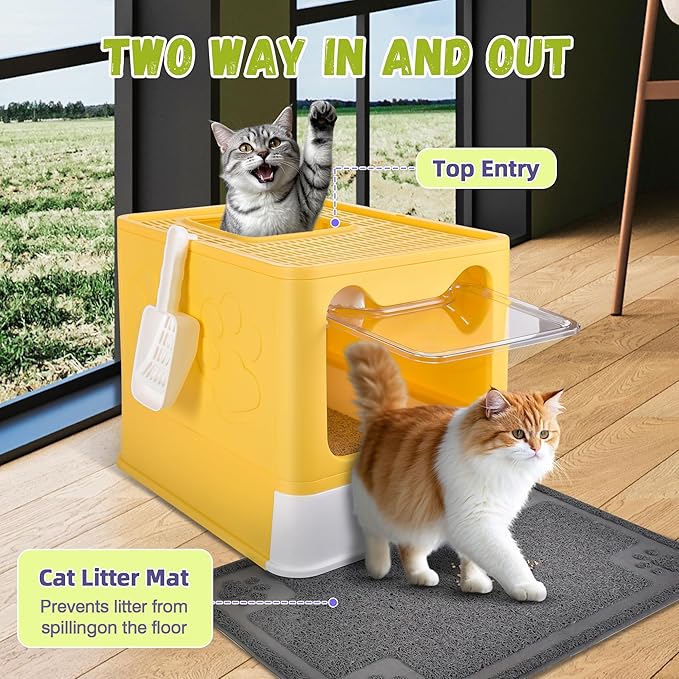 Enclosed Cat Litter Box with Lid Foldable Potty,Drawer Type Extra Large Cover Litter Box with Mat, Kitty Free in and Out/One-Way,Odor Control Anti-Splashing Easy Cleaning (Yellow)
