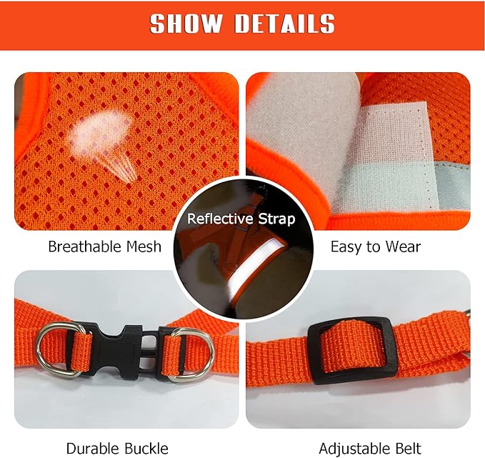 FEimaX Dog Harness and Leash Set for Walking, Soft Mesh Adjustable Easy Control Lightweight Cat Vest Harnesses with Reflective Strips, Escape Proof Small Dogs Cats Vests (Orange, Large)