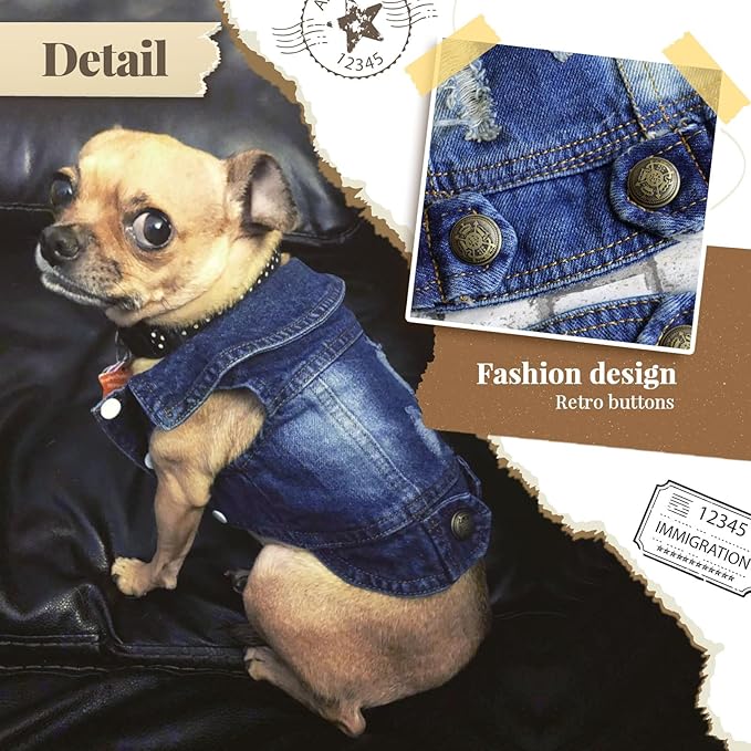 Cool Dog Jean Jacket Small Puppy Outfits Frenchie Clothes Denim Coats for Small Medium Dogs Cats Boys Girls Pet Vest Dog Shirt Clothing Doggy Costume (Blue, XL（Suggest 12-16 lbs）)