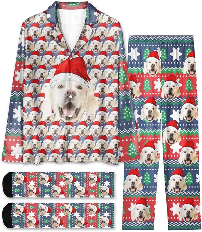 Custom Face Pajamas for Women Men,Personalized Dog Cat Pet Pajamas Set,Christmas Long Sleeve Sleepwear Pjs