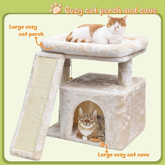 Small Cat Tree for Indoor Cats, Cat Tower with Scratching Post, Perch and Cozy Condo for Kittens and Adult Pets(Beige)