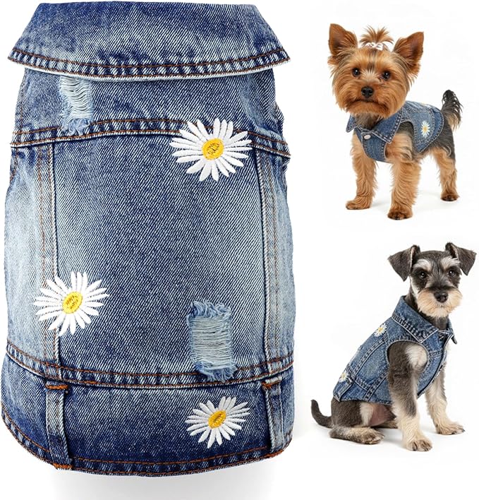 Dog Denim Jacket with Embroidered Daisy, Ripped Vintage Jean Vest for Small Dogs, Pugs, Chihuahuas, Spring Summer Autumn Festival Outfit (XXL)