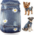 Dog Denim Jacket with Embroidered Daisy, Ripped Vintage Jean Vest for Small Dogs, Pugs, Chihuahuas, Spring Summer Autumn Festival Outfit (M)