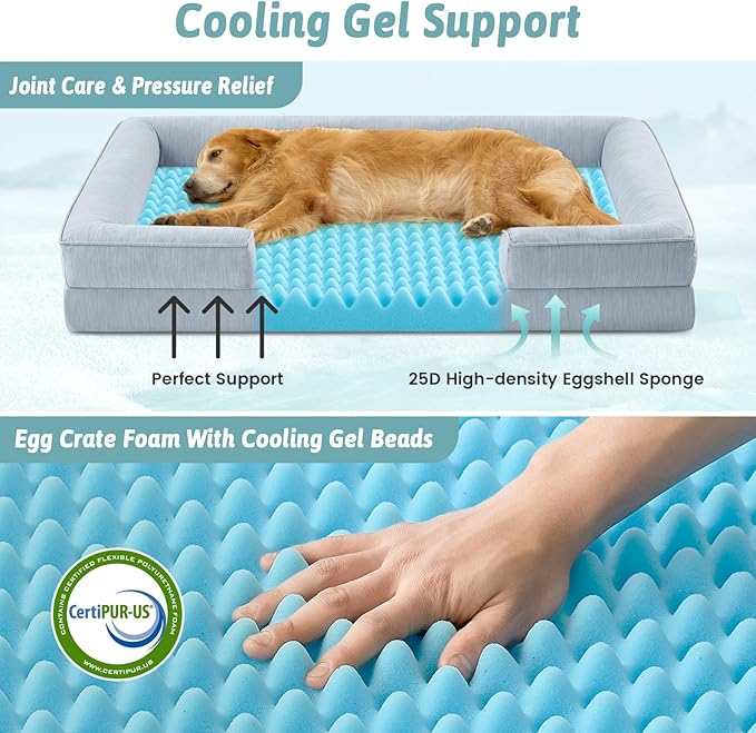 Cooling Dog Bed for Large Medium Size Dogs, Q-Max >0.4 Summer Cool Orthopedic Foam Pet Sofa Bed with Sides, Bolster Anti-Slip Couch with Washable Removable Cover, L 36x27x6.5 inch, Blue