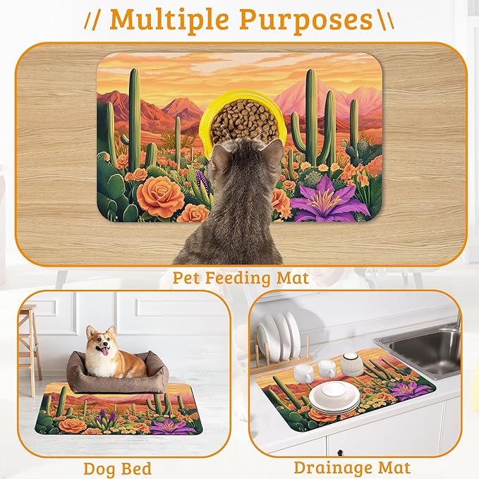 Pet Feeding Mat,Cactus Absorbent Dog Cat Food Mat Desert Dog Mat with Rubber Backing,Non-Slip Water Bowl Placemat,Pet Supplies 12" x 20"