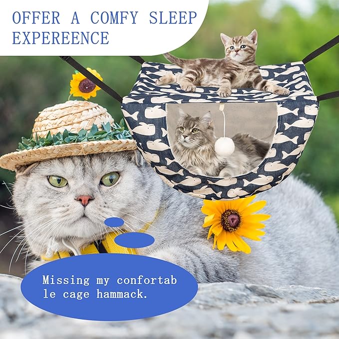 JSPYFITS Cat Cage Hammock with Ball,Double Layer Hanging Adjustable Soft Pet Bed Suit for Kitten Ferret Puppy Rabbit or Small Pet, 2 Level Indoor Bed for All Season(Blue Whale)