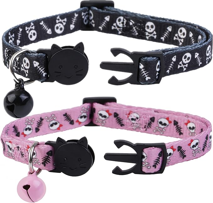 BoomBone Skull Cat Collar Breakaway with Bell,Pack of 2 Safe Halloween Puppy Collars