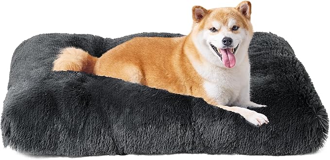 EHEYCIGA Fluffy Dog Crate Bed for Large Dogs, Plush Faux Fur Crate Pad, Calming Anti Anxiety Large Dog Bed, Washable Soft Warm Mat with Non-Slip Bottom, Dark Grey