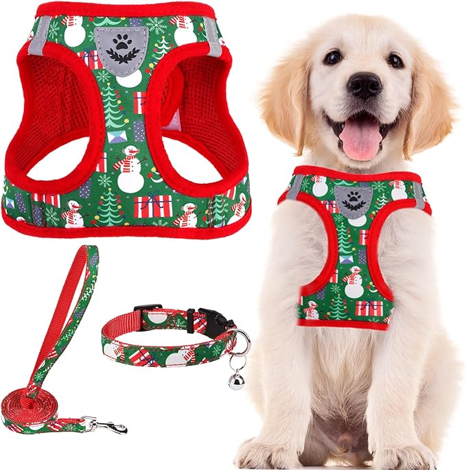 PUPTECK Adjustable Dog Harness Collar and Leash Set Step in No Pull Pet Harness for Small Medium Dogs Puppy and Cats Outdoor Walking Running, Soft Mesh Padded Reflective Vest Harnesses, Christmas, S