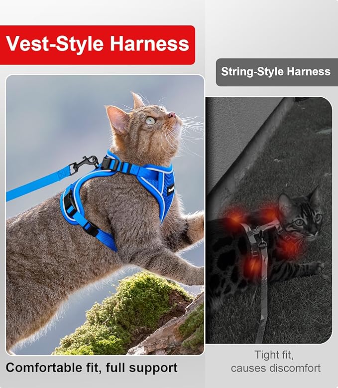 Cat Harness and Leash for Walking Escape Proof Soft Adjustable Cat Leash Breathable Comfortable Vest Easy to Wear Kitten Harness for Outdoor Travel Blue M