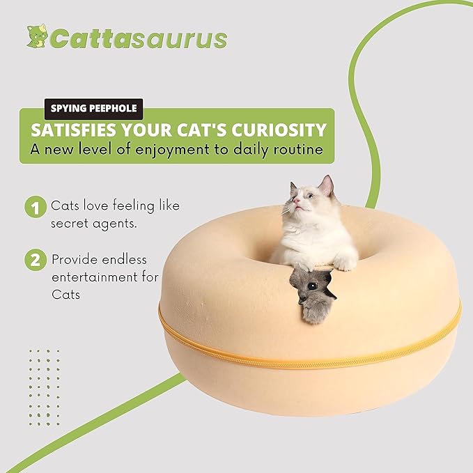 Cattasaurus Peekaboo Cat Cave Donut for Multiple & Large Cats up to 30-45 lbs, 3-in-1 Self Warming Cat Bed, Tunnel & Scratcher for Indoor Cats, Washable & Detachable Dog Bed (Pastel Macaron, Large)