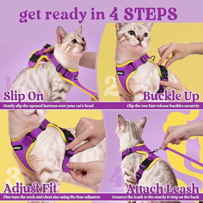 rabbitgoo Cat Harness and Leash for Walking, Escape Proof Soft Adjustable Vest Harnesses for Cats, Easy Control Breathable Reflective Strips Jacket, Purple&Yellow,XS