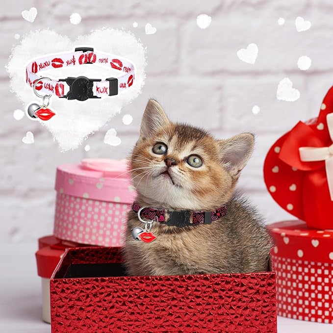 8 Pcs St. Patrick's Day Adjustable Cat Collar Easter Cat Collar with Bell Plastic Buckle Valentines Holiday Puppy Gift for Pet Kitten Puppy(Heart)