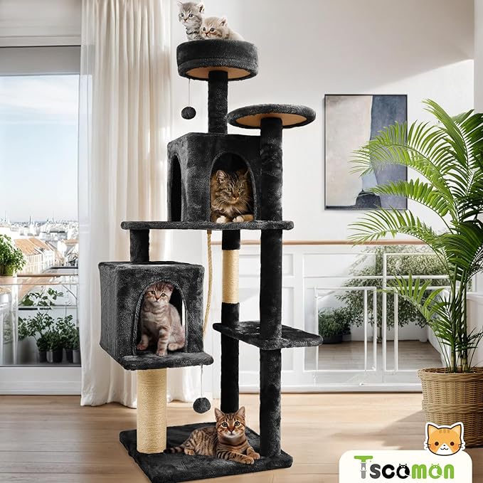 58.5inch Large Cat Tree Tower Condo for Indoor Cats, Soft Plush Multi-Level Climbing Tree Cat House, Scratching Post, More Entrance/Exit, Sisal Rope, Black