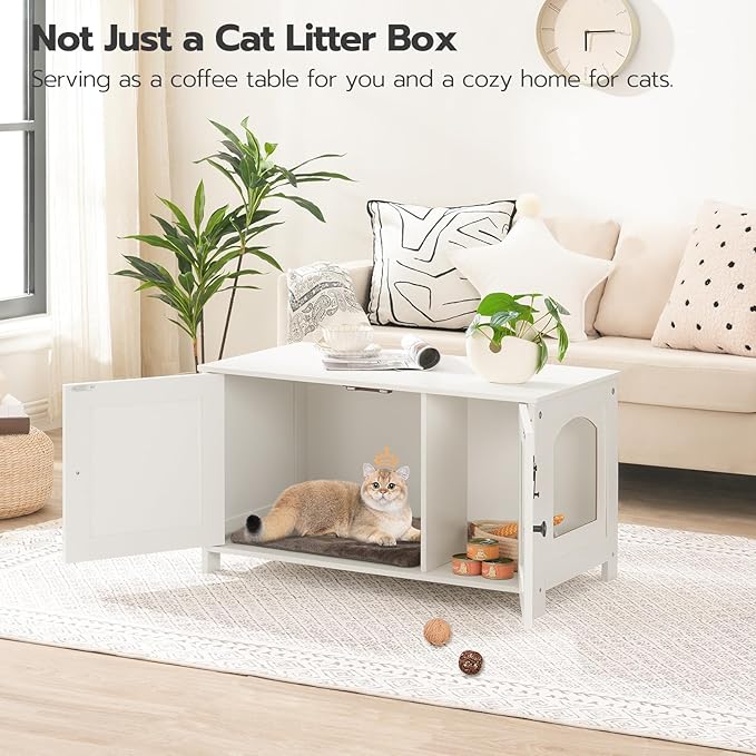 HOOBRO Litter Box Enclosure, Cat Litter Box Furniture with Removable Divider, Large Hidden Litter Box Furniture, Wooden Cat House, End Side Table, 31" L x 17.5" W x 19.7" H, White WT03MW01G2
