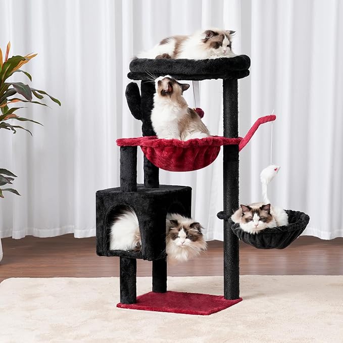 Heybly Cat Tree, 39.4 Inches Gothic Tower Condo with Scratching Post, Cat Tower for Indoor Cats, Fully Wrapped Sisal Pole, Soft Platform, 2 Baskets and Dangling Toy, Black and Red HCT006SBR