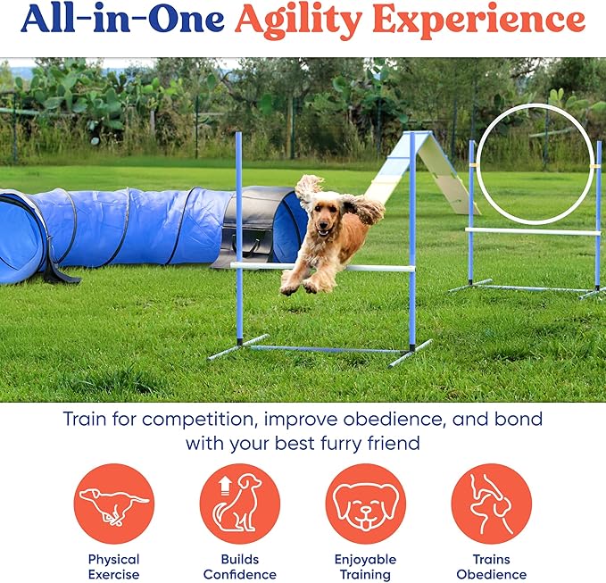 FetchFlow Dog Agility Training Equipment – Complete Backyard Agility Course Set w/Adjustable A-Frame Ladder, Weave Poles, Cones, Jump Hoop, Tunnel & Sandbags – Outdoor Dog Playground Kit