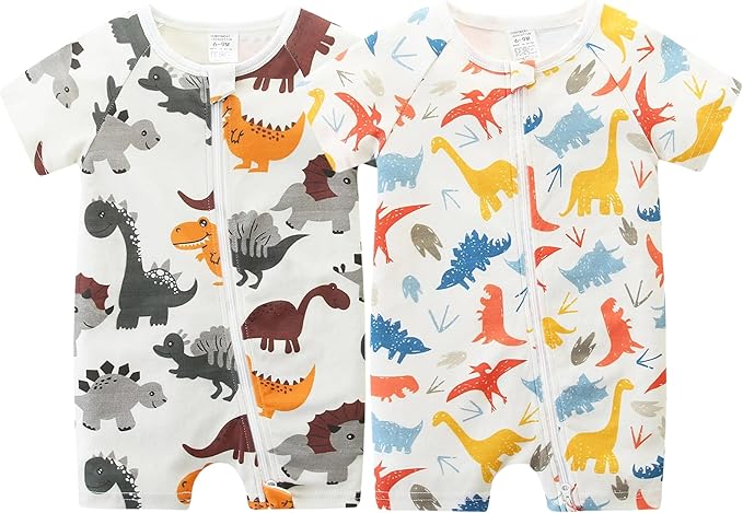 Unisex Summer Trendy 2-Pack Rompers Short Sleeve Zipped Bodysuit Infant Cotton Outfits