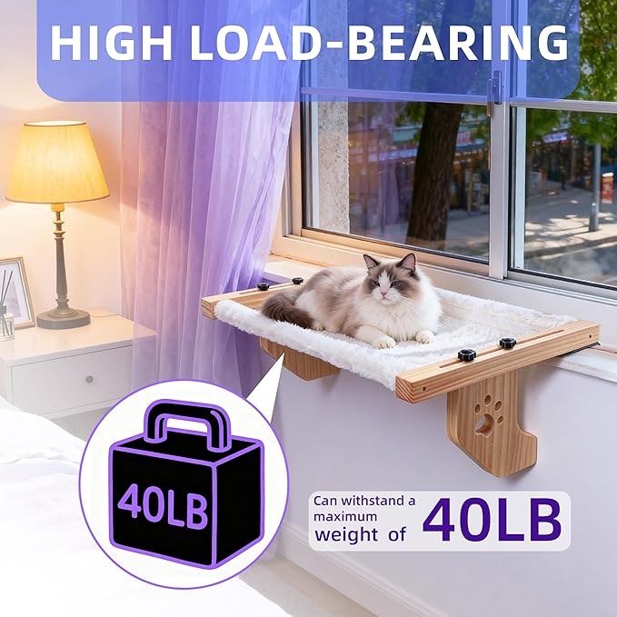 ESPETS Cat Window Sill Perch with Solid Wood & Thick Metal, Sturdy Cat Hammock Beds Window Seats with Soft Cusion Large Cats and Kittens-22.5 Inch