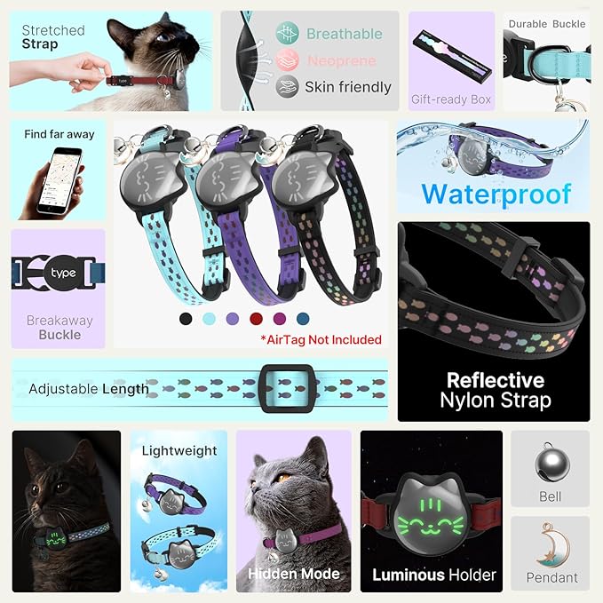 Waterproof Airtag Cat Collar, Breakaway Cat Airtag Collar with Luminous & Reflective Fish Pattern, Lightweight Kitten Collars for Apple Air tag, Hidden GPS Tracker Holder for Cats, Kittens(9-13")