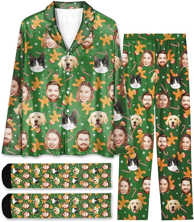 Custom Face Pajamas for Women Men,Personalized Dog Cat Pet Pajamas Set,Christmas Long Sleeve Sleepwear Pjs