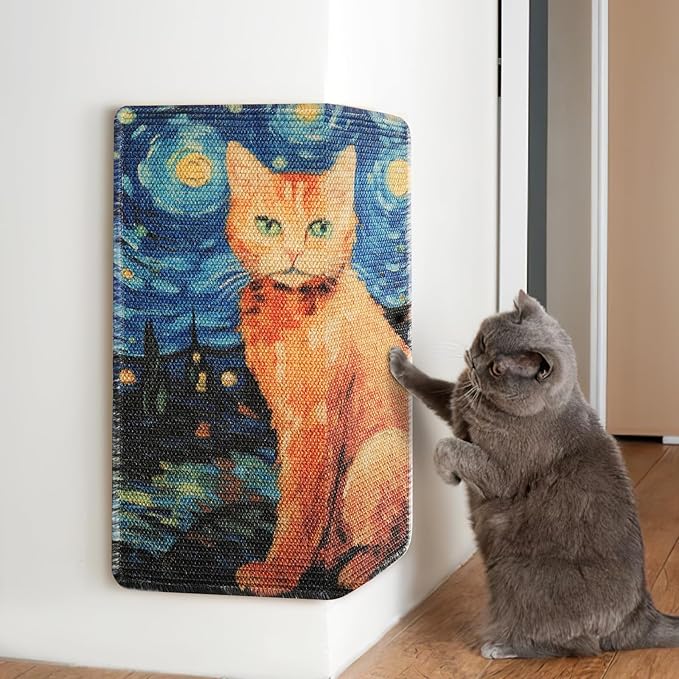 3-in-1 Sisal Cat Scratch Mat 23.6x15.7'' Floor & Wall Cat Scratcher Pad, Protects Carpet Couch & Furniture with Sticker Tape, Anti-Slip, Durable for Indoor Outdoor Cats (Ginger Cat Under The Stars)