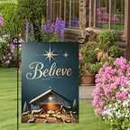 Christmas Nativity Garden Flag 12x18 Double Sided Believe Starry Night Stable Yard Flag Gold Text Blue Background Winter Outdoor Garden Decor Lawn Porch Patio Holiday Banner