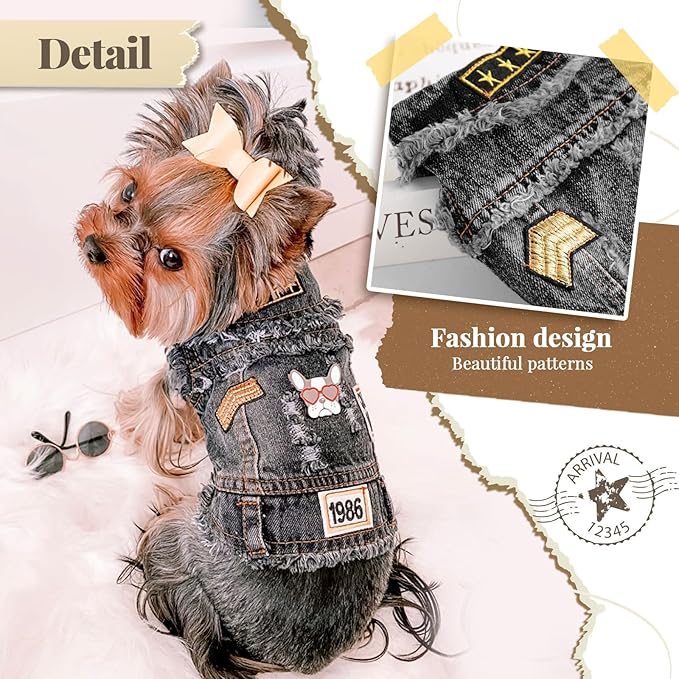 Cool Dog Jean Jacket Small Puppy Outfits Frenchie Clothes Denim Coats for Small Medium Dogs Cats Boys Girls Pet Vest Dog Shirt Clothing Doggy Costume (Black Print, XXL（Suggest 15-20 lbs）)