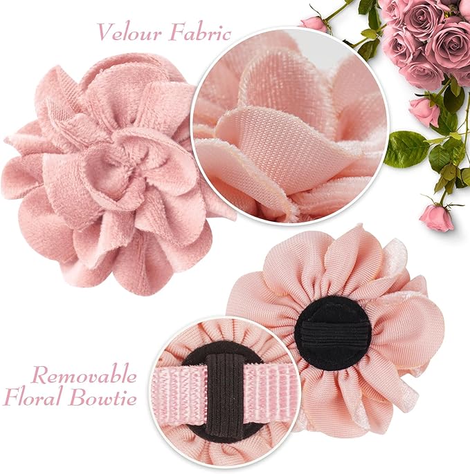 azuza 2 Pack Cat Collar Floral with Bell and Removable Flower Bowtie Breakaway Adjustable Velvet Fabric Cat Collar for Pets and Daily Decoration, Light Pink & Dark Pink