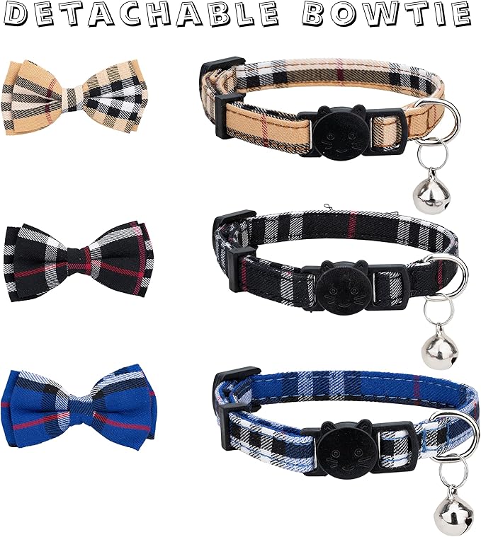 Cat Collar 3pcs Set Classical Plaid Tartan Grid Pattern Detachable Bowtie & Bell Safety Breakaway for Cats Kittens Blue Brown Black
