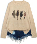 WDIRARA Women's Cat Graphic Sweater Long Sleeve Crew Neck Knit Tops Casual Knitwear