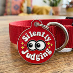Bad Tags Personalized Dog and Cat ID Tags in 25+ Designs and 2 Sizes - 5 Lines of Custom Engraved Text - Funny Cute Personalized Pet Tags (Silently Judging - Red, Large (1.25 inch))