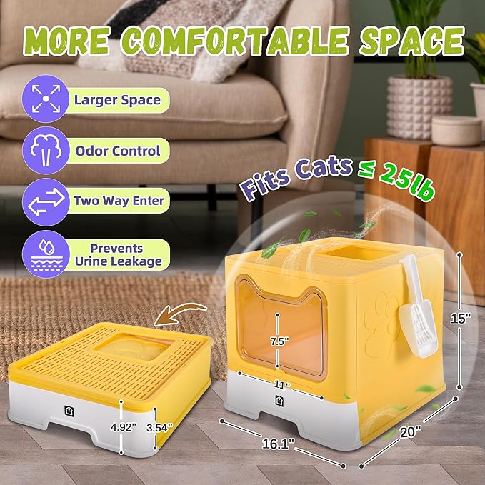 Enclosed Cat Litter Box with Lid Foldable Potty,Drawer Type Extra Large Cover Litter Box with Mat, Kitty Free in and Out/One-Way,Odor Control Anti-Splashing Easy Cleaning (Yellow)