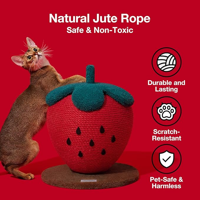 VETRESKA Strawberry Cat Scratching Post, Cute Cat Scratcher with Jute Rope, Vertical Cat Scratch Post for Indoor Cat and Kitten, Ring Paper Strawberry Leaves Attract Cats
