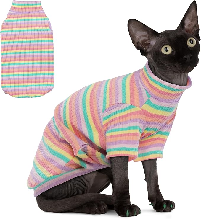 PUMYPOREITY Sphynx Cat Clothes: Soft, Stretchy Rainbow Sweater & Turtleneck Pullover Jumpsuit - XL