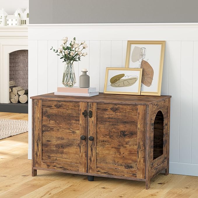 HOOBRO Litter Box Enclosure, Cat Litter Box Furniture with Removable Divider, Large Hidden Litter Box Furniture, Wooden Cat House, End Side Table, 31" L x 17.5" W x 19.7" H Rustic Brown BF03MW01G2
