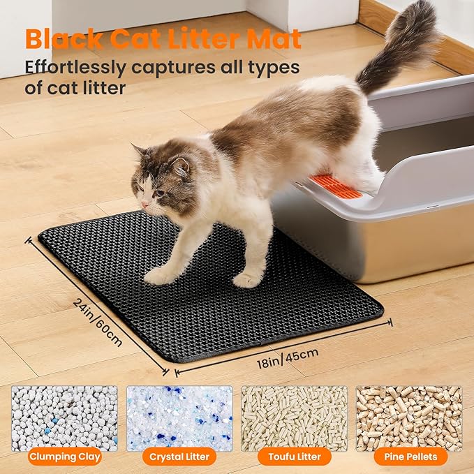 Cat Litter Mat, 24x18 Inches Large Double Layer Honeycomb Cat Litter Trapping Mat, Non Slip Waterproof Urine Proof Cat Litter Box Mat for Floor, Kitty Litter Rug, Cat Supplies, Black