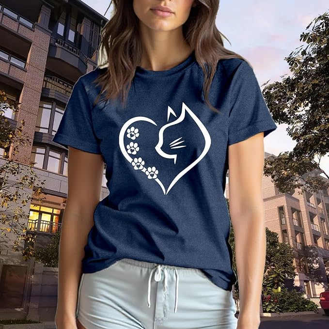 Cat Shirts for Women Cat Mom Tshirts Pet Lover Shirt Cats Paw Print Tee Tops
