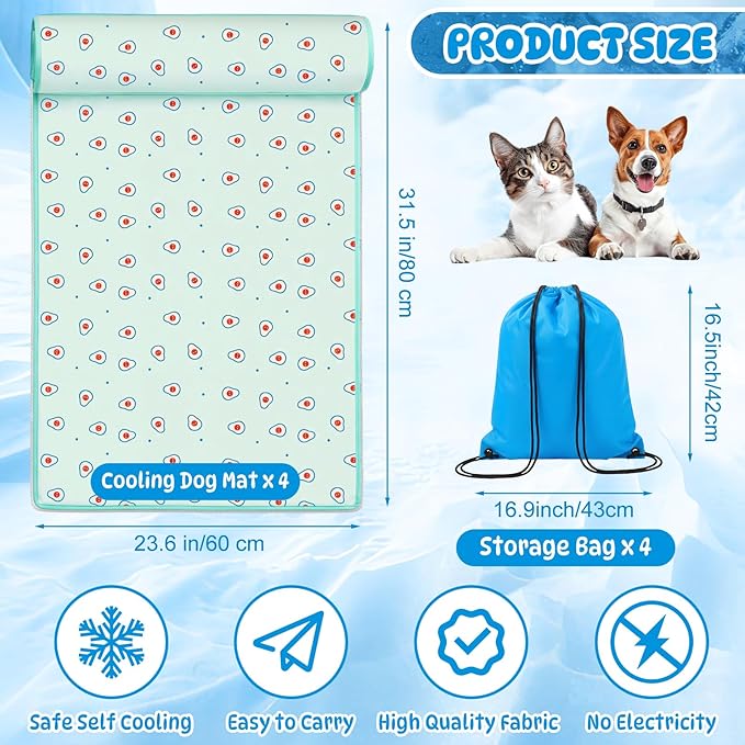4 Pack Cooling Dog Mats with Supportive Pillow 23.6" x 31.5" Self Cooling Dog Pads Ice Silk Washable Pet Cool Mat Summer Cat Sleeping Pad with Storage Bag for Crate Bed Floor (Large, Green)