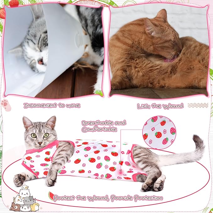 Nuanchu 3 Pieces Cat Recovery Suit Kitten Recovery Suit E-Collar Alternative for Cats and Dogs Abdominal Skin Anti Licking Pajama Clothes Sets(Small,Strawberry Style,Colorful)