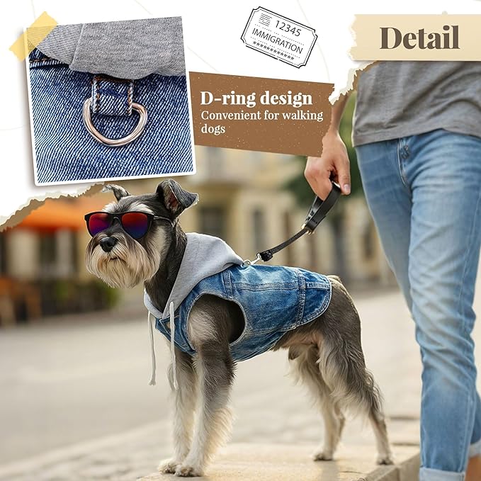 Cool Dog Jean Jacket Vest with D-Ring Blue Denim Dogs Hoodies Outfits for Small Medium Dogs Cats Boy Male Dog Clothes Costume Dogggie Puppy Harness Coat for Frenchie Walking(Grey Hat,L)