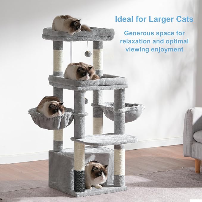 Hey-brother Cat Tree Tower, Scratching Posts with Extra Large Platform, Specious Condo, 2 Cozy Hammocks, Self-Grooming Brush for Indoor Adult Cats, Maine Coon 51.1 inches, Light Gray MPJ070W