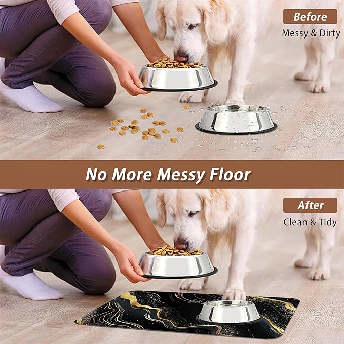 Marble Pet Feeding Mat,Black Gold Flowing Marble Absorbent Quick-Dry Cat Dog Food and Water Bowl Mats,Non-Slip Rubber Backing Mat,Cat Dog Accessories Supplies 12"x20"