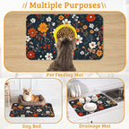 Floral Black Feeding Mat, Absorbent Quick-Dry Cat Dog Food and Water Bowl Mats,Non-Slip Rubber Backing Mat,Cat Dog Accessories Supplies 12" x 20"