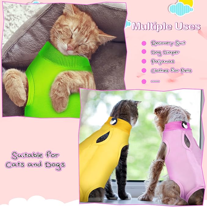 Nuanchu 3 Pieces Cat Recovery Suit Kitten Recovery Suit E-Collar Alternative for Cats and Dogs Abdominal Skin Anti Licking Pajama Clothes Sets(Medium,Simple Style,Yellow Green Pink)