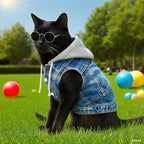 Cool Dog Jean Jacket Vest with D-Ring Blue Denim Dogs Hoodies Outfits for Small Medium Dogs Cats Boy Male Dog Clothes Costume Dogggie Puppy Harness Coat for Frenchie Walking(Grey Hat,XS)